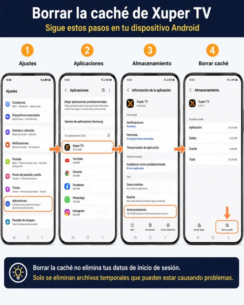Xuper TV Pide Usuario y Contraseña: Causas y Soluciones 2 Borra la cache de la aplicacion